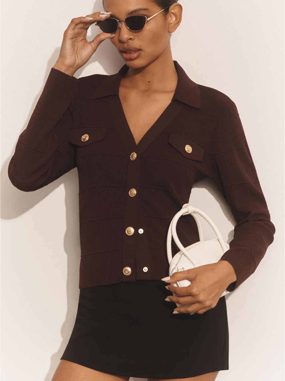 Maeve Deep Burgundy Button-Front Ribbed Cardigan